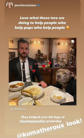 Illustration de l'article : Le bel hommage de Jennifer Aniston à son ex-époux Justin Theroux pour sa contribution au sauvetage de 60 chiens